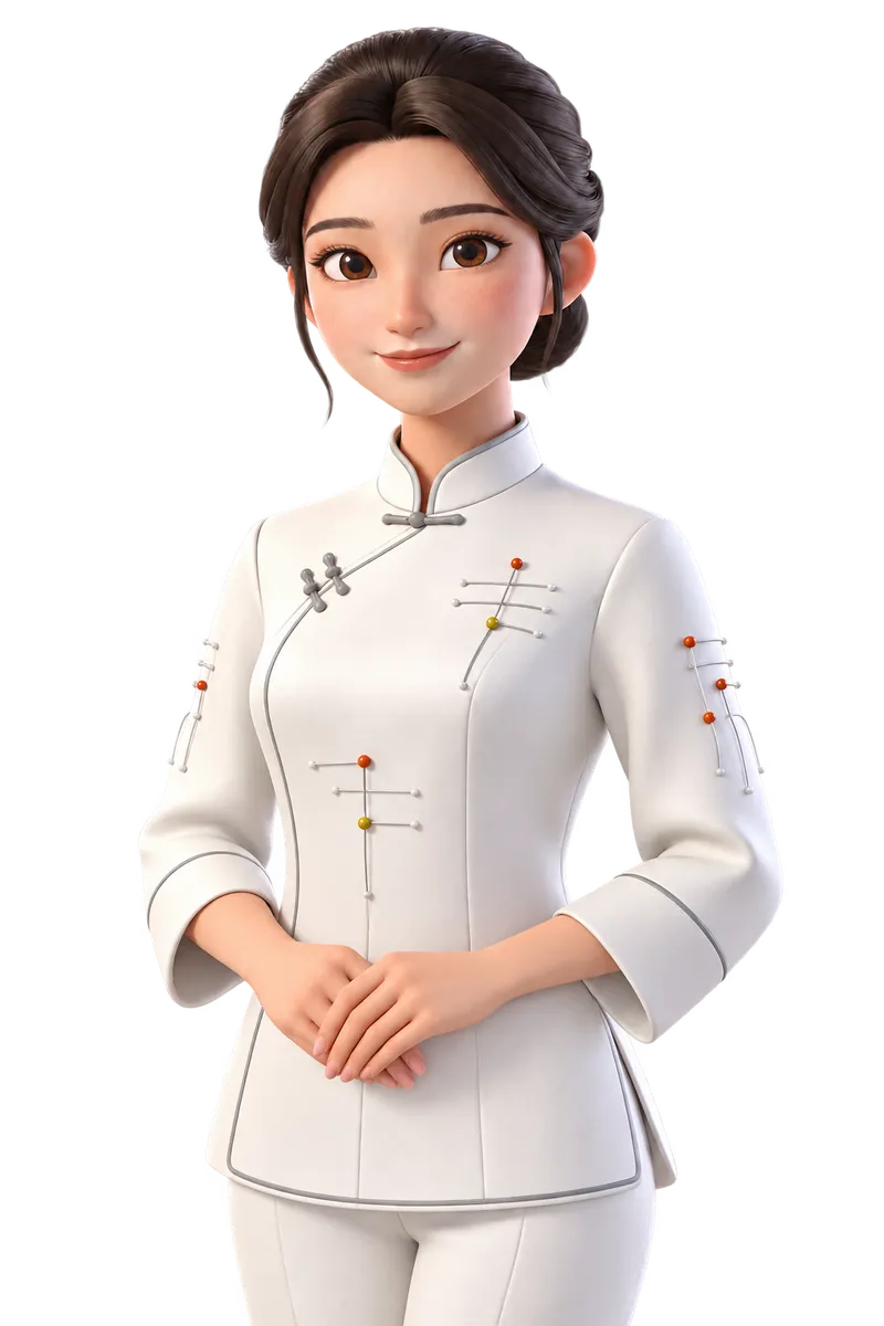 Nihao, personagem do Espaço Ágape, com cabelo preso e uniforme branco.